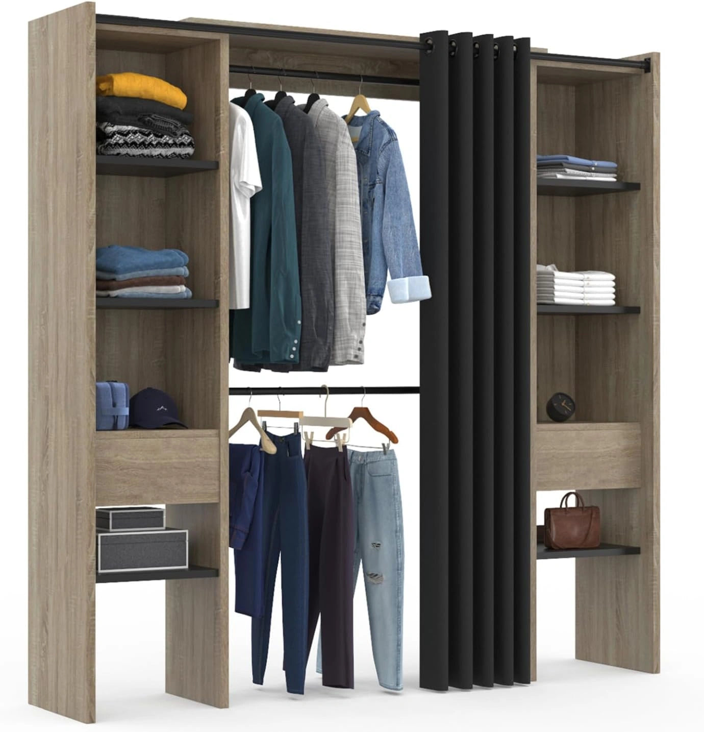 Armoire Extensible Meryl avec Étagères et Rideau Noir - 120/180 x 50 x 180 cm