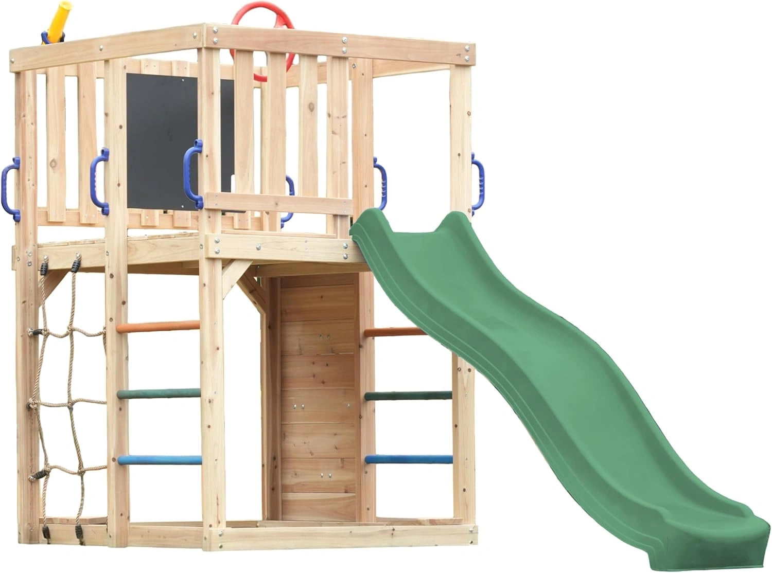 Aire de Jeux en Bois pour Enfants avec Toboggan, Mur et Filet d'Escalade