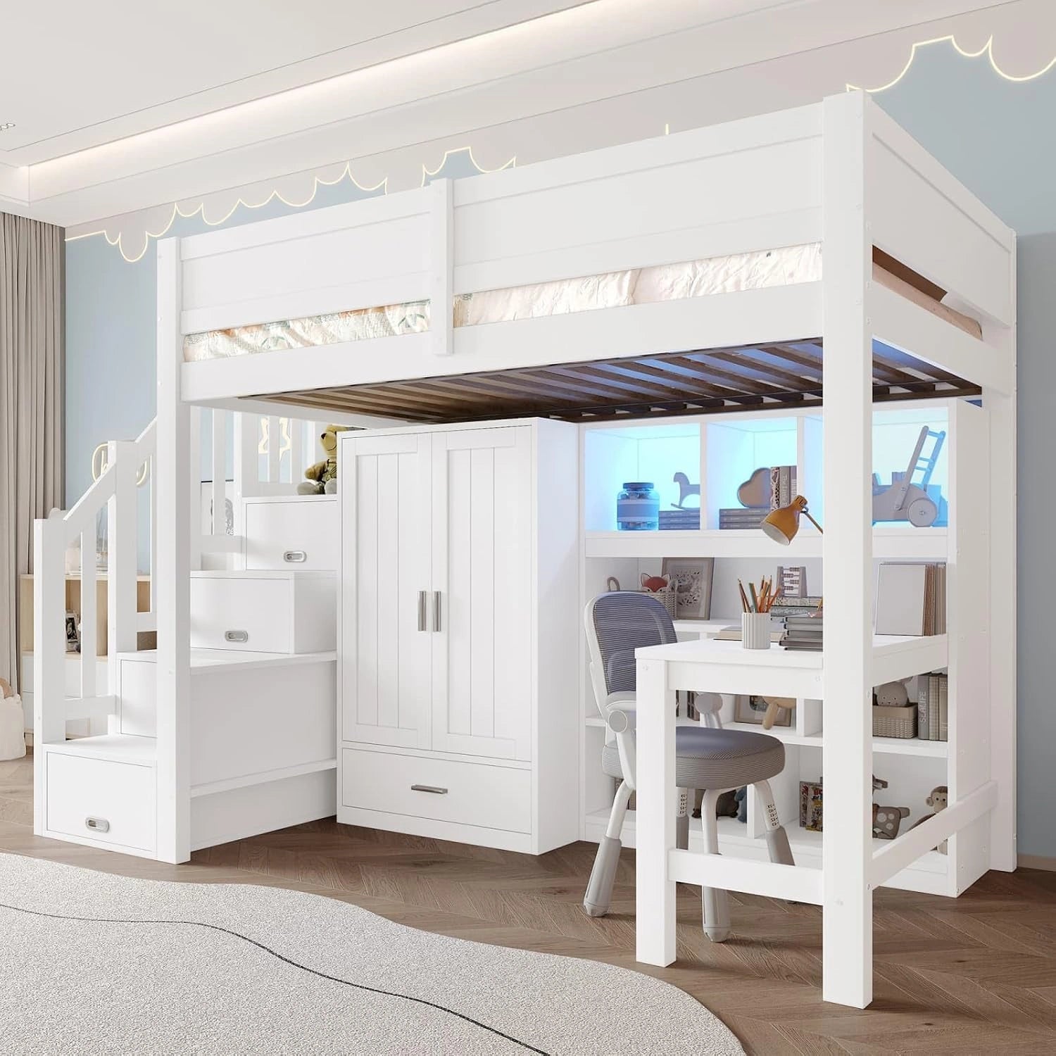 Lit Mezzanine Enfant 90x200 cm avec Bureau, Armoire et LED