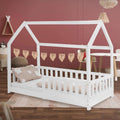 Lit Enfant en Bois Massif 80x160 cm avec Barrière de Sécurité et Toit, Blanc