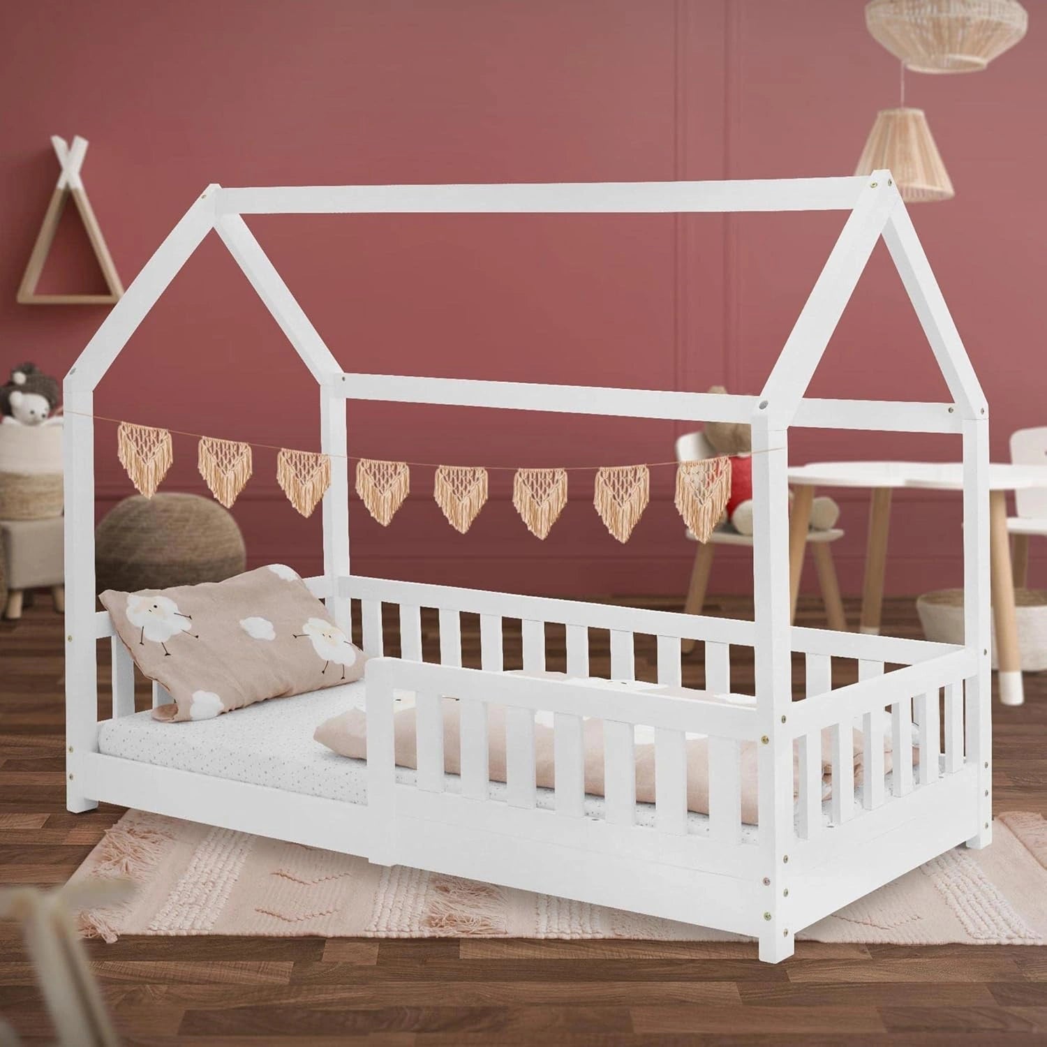 Lit Enfant en Bois Massif 80x160 cm avec Barrière de Sécurité et Toit, Blanc