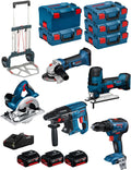 Ensemble Bosch 18V: Scie Sauteuse, Scie Circulaire, Perforateur, Meuleuse, Perceuse - 3 Batteries 4,0 Ah, Chargeur, Coffrets & Chariot