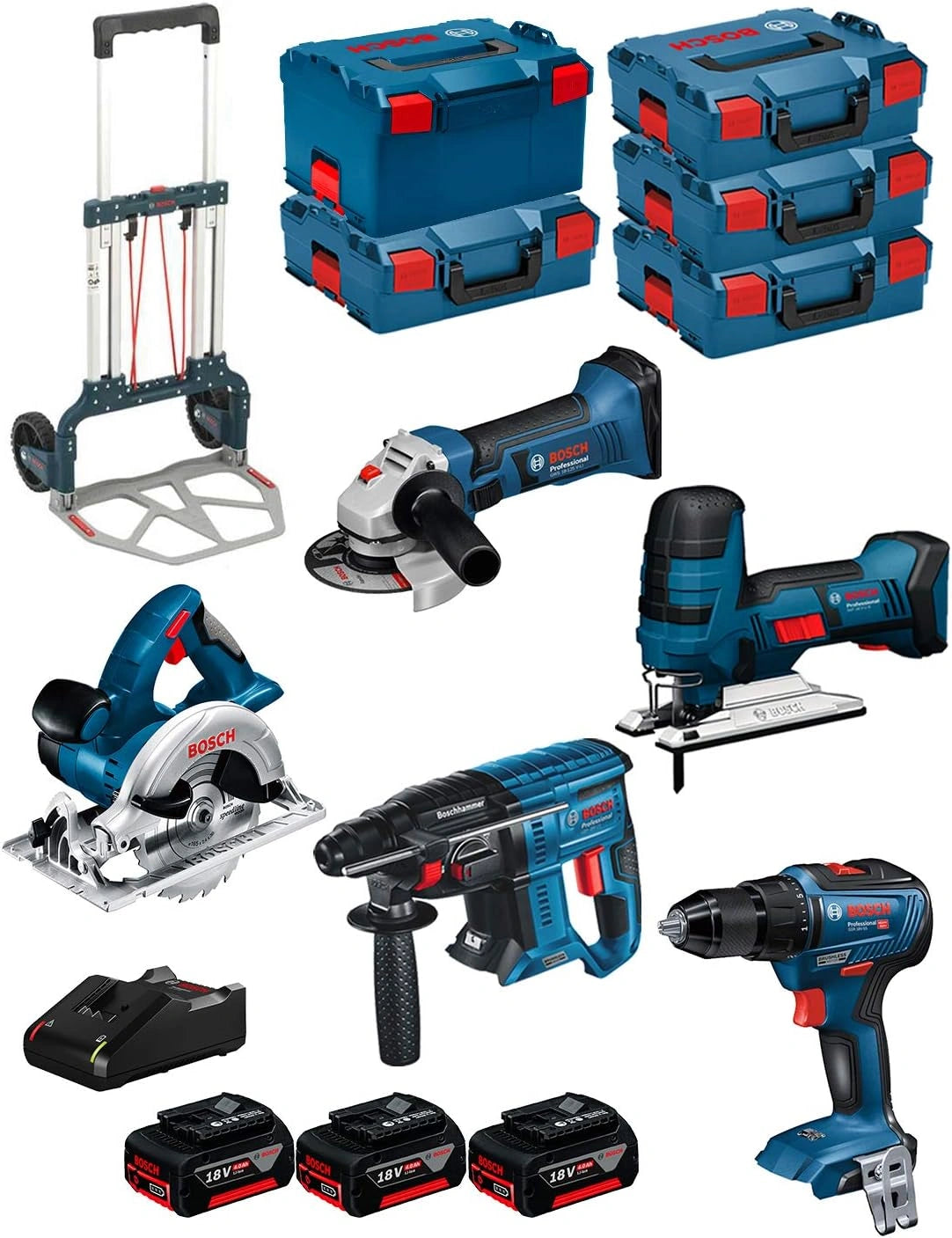Ensemble Bosch 18V: Scie Sauteuse, Scie Circulaire, Perforateur, Meuleuse, Perceuse - 3 Batteries 4,0 Ah, Chargeur, Coffrets & Chariot