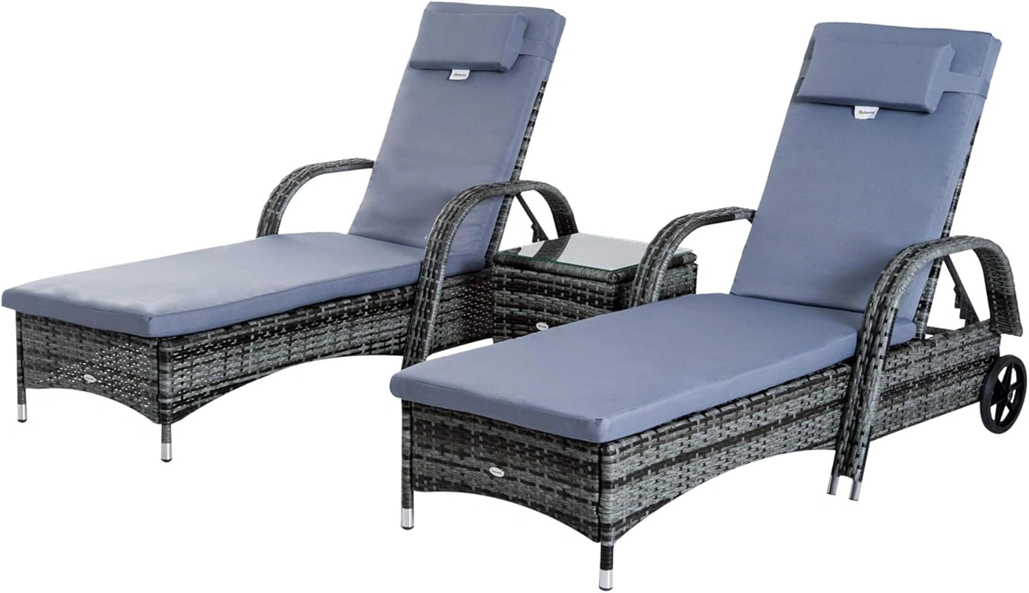 Ensemble de 2 chaises longues Outsunny avec matelas réglable et table basse en résine gris