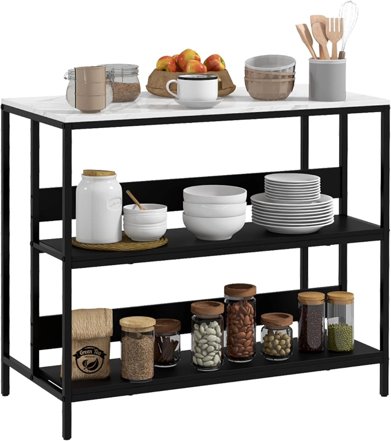 HOMCOM îlot de cuisine moderne avec plateau effet marbre, structure en acier et 2 étagères, rangement pour salon, 100 x 50 x 90 cm, noir