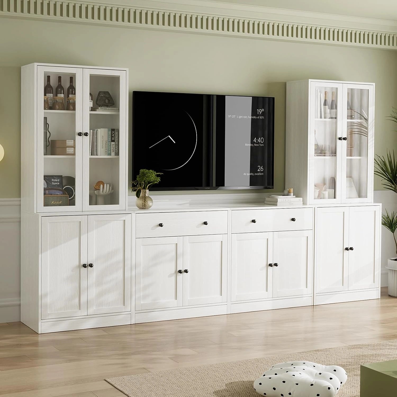 VOWNER Meuble TV Mural en Bois avec Portes en Verre, pour Téléviseurs jusqu'à 75", 280x180,3x40cm, Étagères Intégrées pour Salon, Blanc
