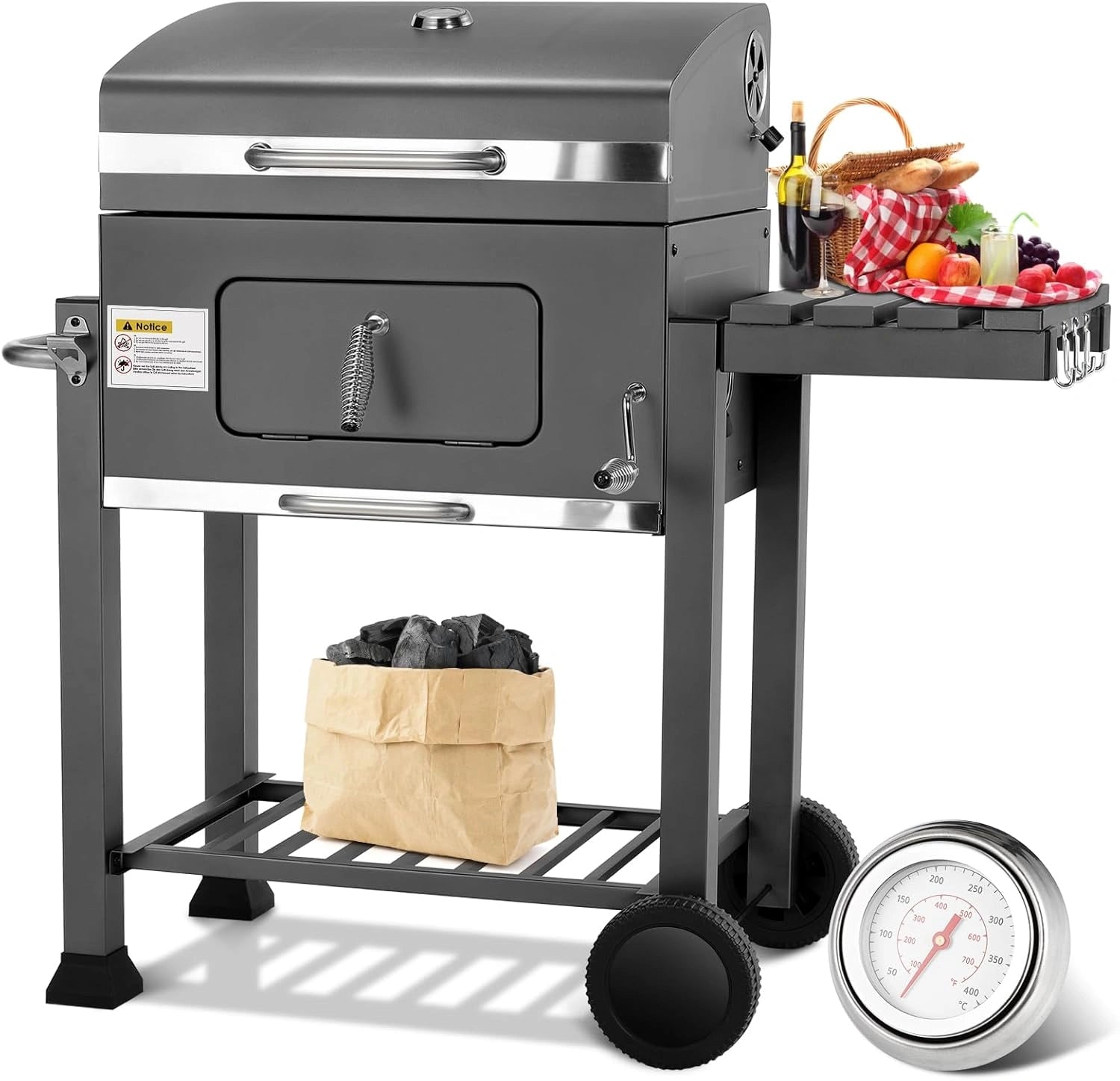 Gril à Charbon XL avec Chariot, Couvercle et Thermomètre, Barbecue Réglable pour Jardin et Camping