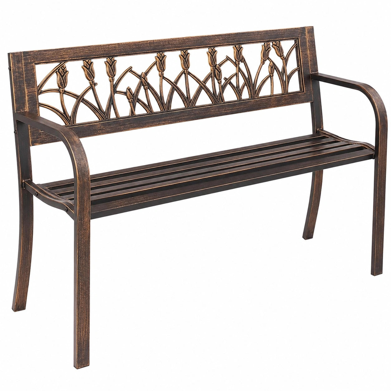 Banc de jardin ext¨¦rieur, 127 cm, en acier avec dossier floral et accoudoirs arrondis, r¨¦sistant aux intemp¨¦ries