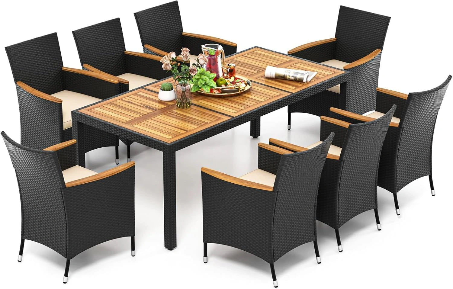 Ensemble Mobilier de Jardin 9 Pièces en Rotin pour 8 Personnes avec Plateau Acacia et Coussins Déhoussables