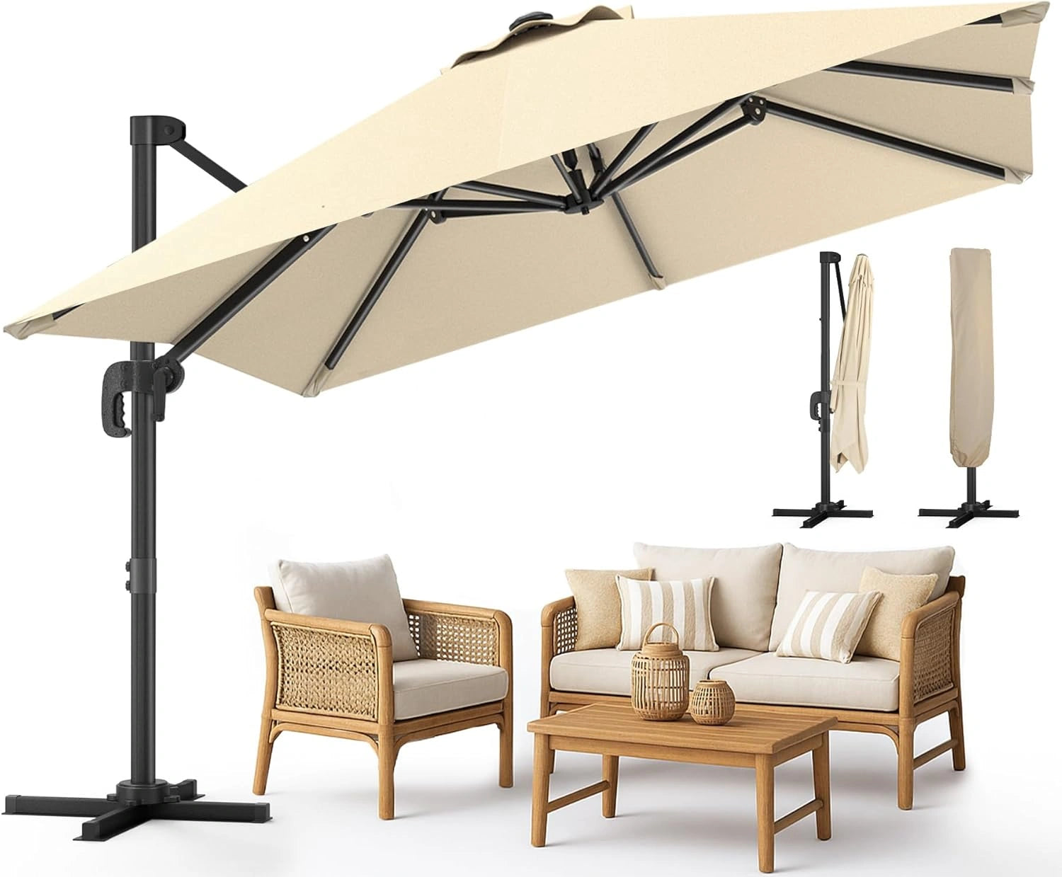 Parasol de Jardin Déporté 3x3M, Inclinable 360° avec Housse, Beige Foncé, Anti-UV et Imperméable
