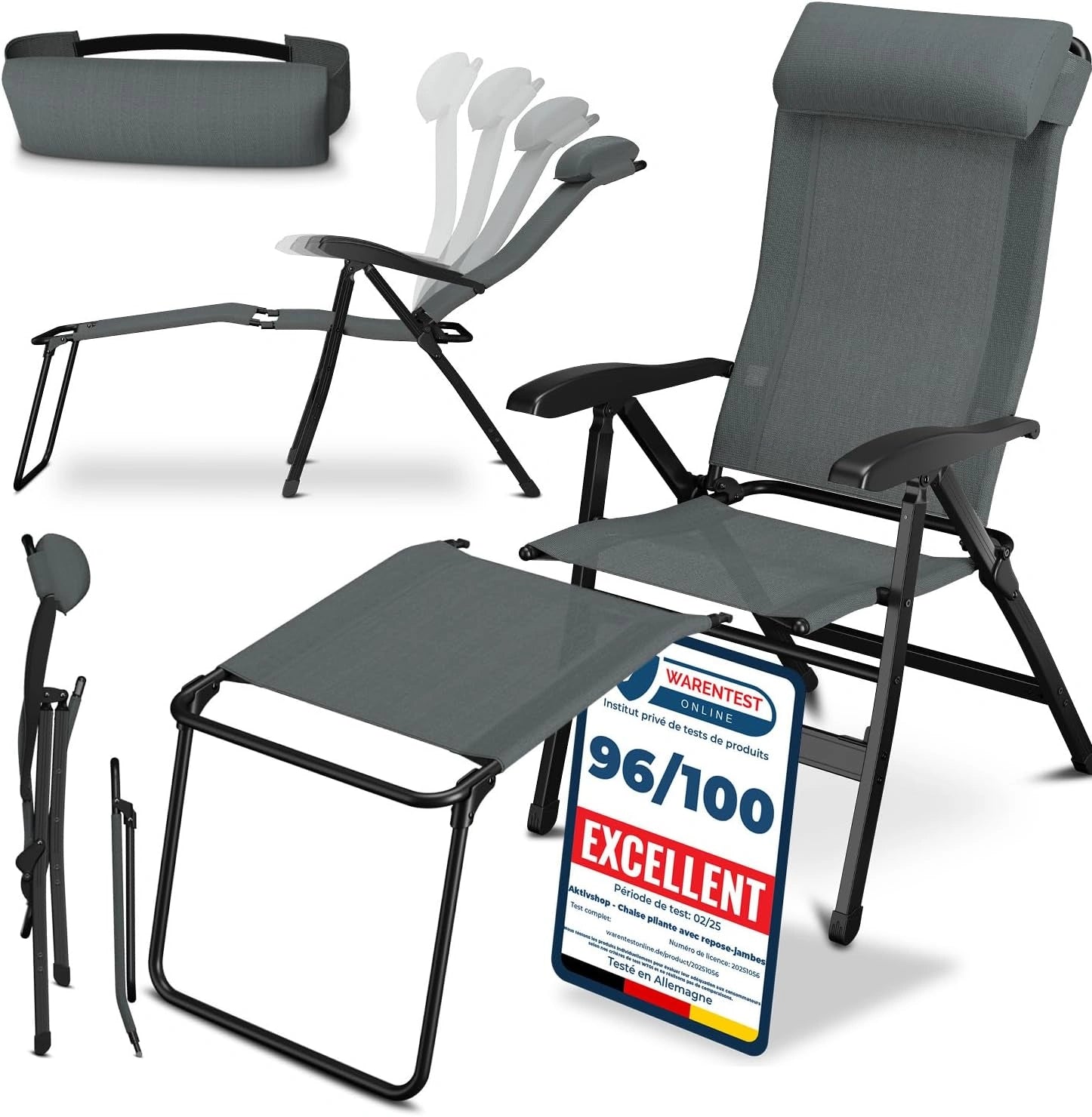 Chaise de Jardin Pliante en Aluminium avec Repose-Pieds et Dossier Réglable - Confort Gris pour Extérieur