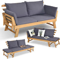 Canapé Convertible Extérieur 2 Places en Acacia avec Coussin, Accoudoir Réglable, Charge 320KG, pour Patio et Jardin (Gris)
