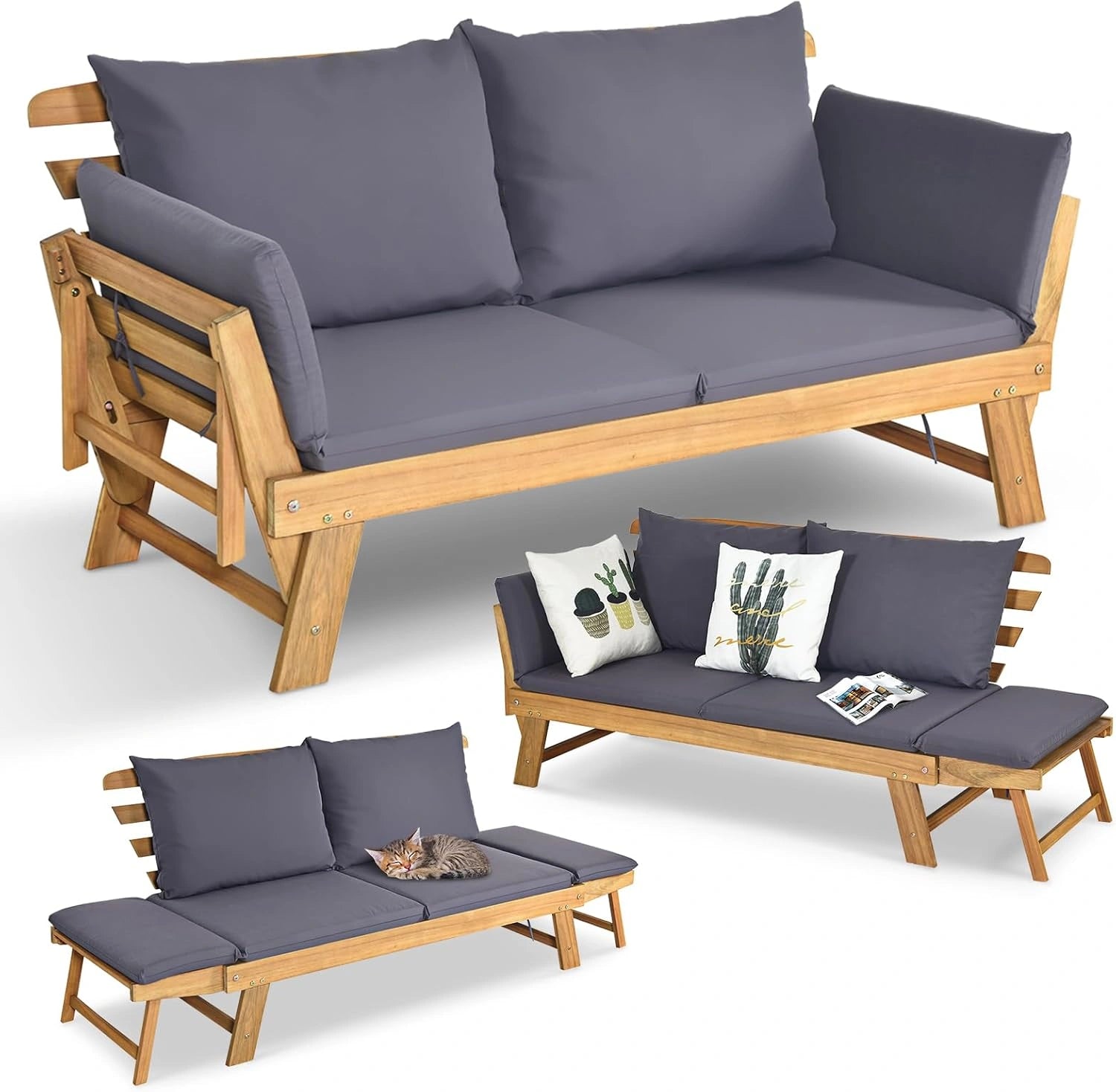 Canapé Convertible Extérieur 2 Places en Acacia avec Coussin, Accoudoir Réglable, Charge 320KG, pour Patio et Jardin (Gris)