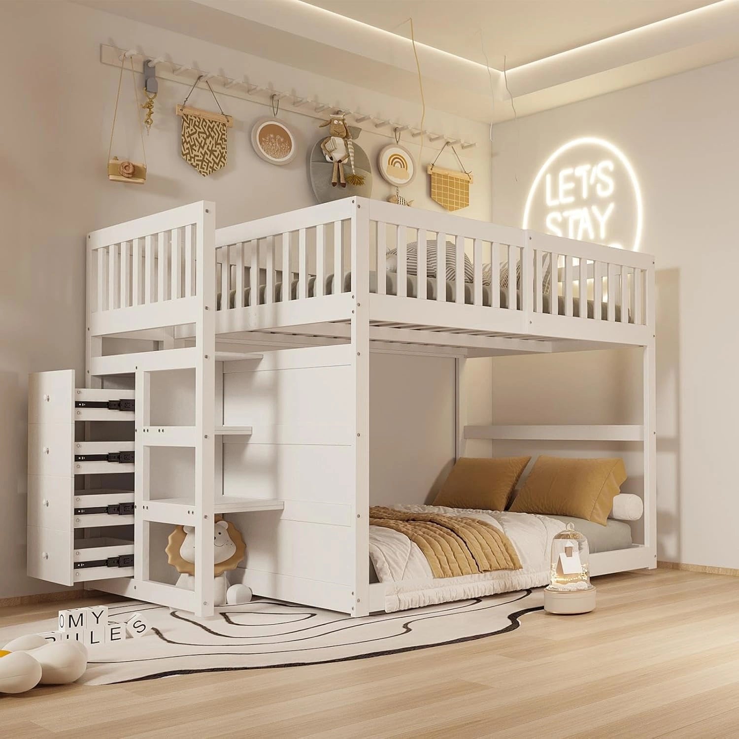 Lit Superposé en Bois Blanc 140x200 cm, 2 Places avec 4 Tiroirs, Design Sécurisé pour Enfants et Adolescents