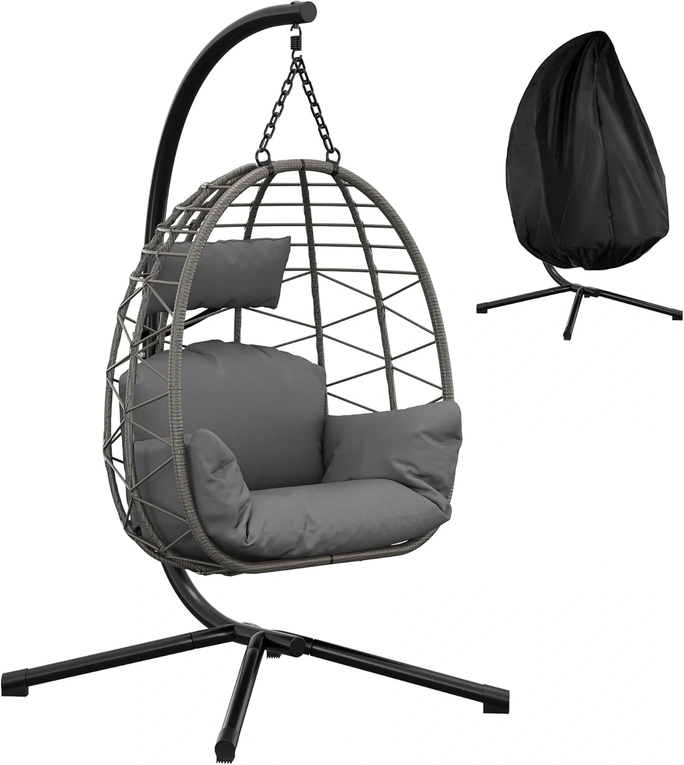 Chaise Hamac Suspendue XL en Rotin Gris avec Coussin Confortable, Hauteur Ajustable pour Intérieur et Extérieur