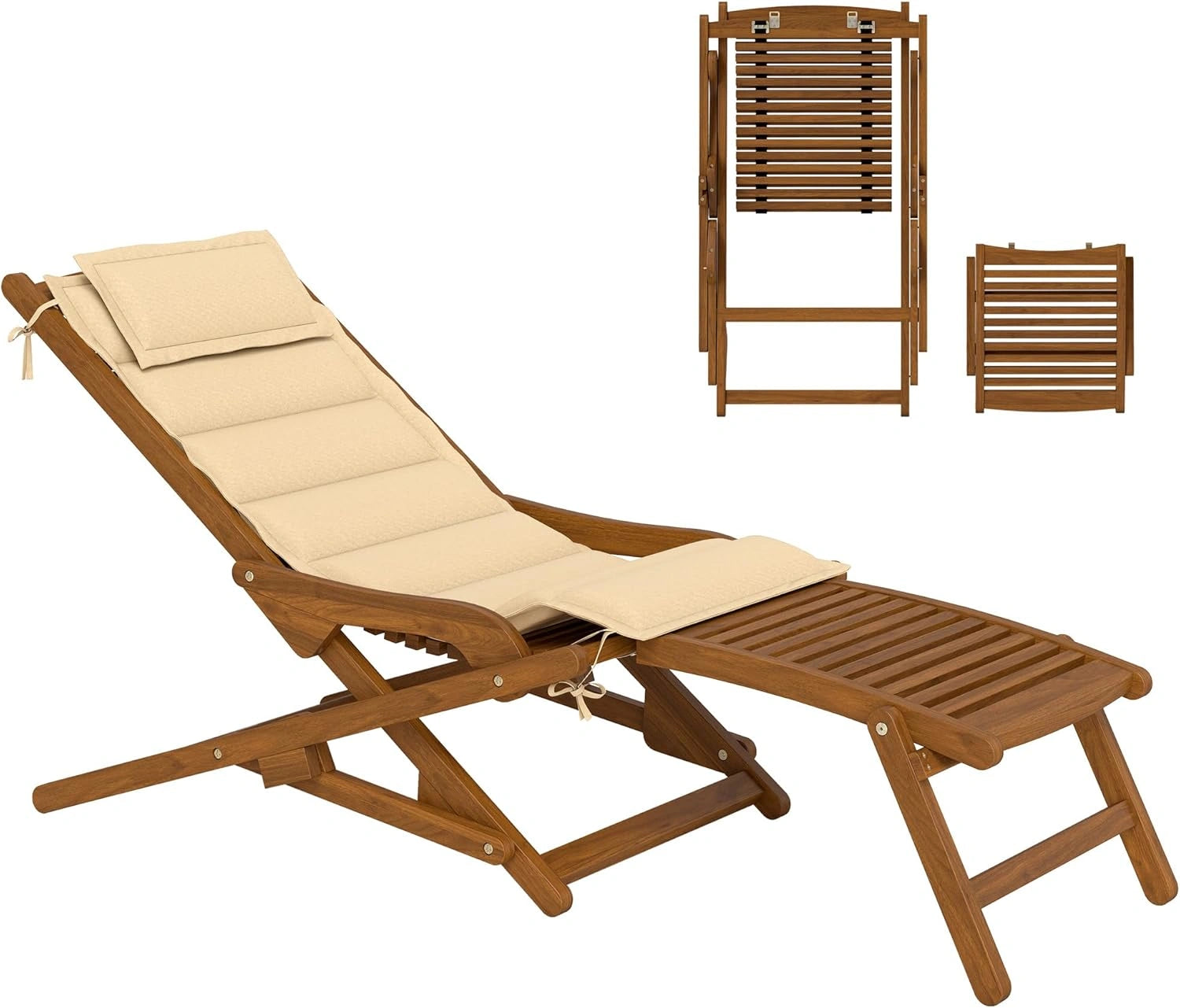 Transat Extérieur en Acacia avec Coussin et Repose-Pieds Amovible, Chaise Longue de Jardin Pliable, Charge 160 kg