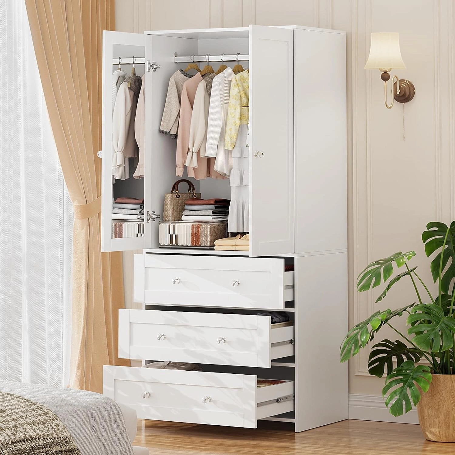 Armoire Moderne 2 Portes avec Miroir et 3 Tiroirs, Blanc, 180 x 80 x 48 cm