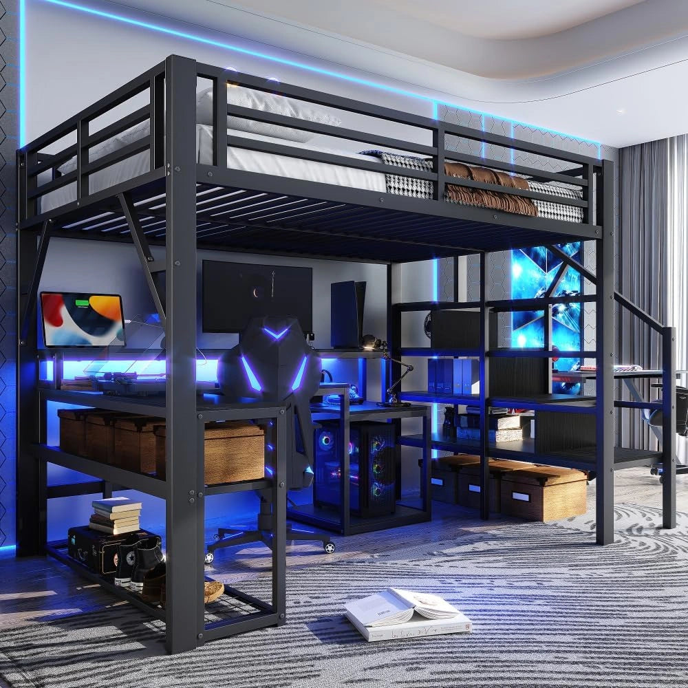Lit mezzanine enfant 1 place 140x200 cm avec LED et USB, bureau intégré et rangements, coloris noir