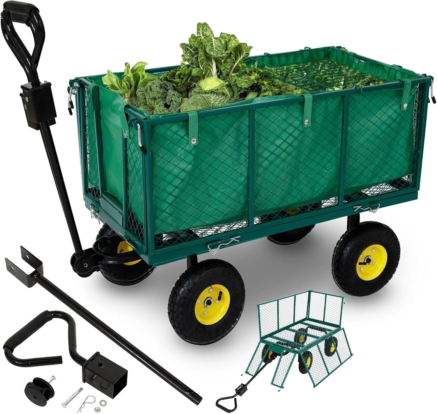 Chariot de Jardin Pliable Arebos, Vert, Charge Maximale 550kg, avec Pneus Profilés et Bâche Amovible