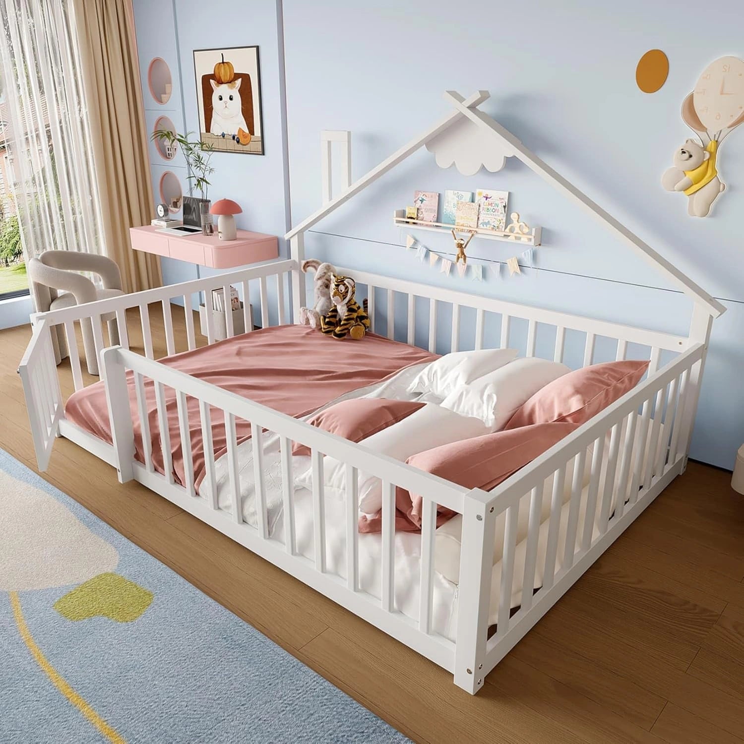 Lit Montessori Enfant 140x190 cm avec Barrière et Serrure, Sommier à Lattes, Bois de Pin, Blanc