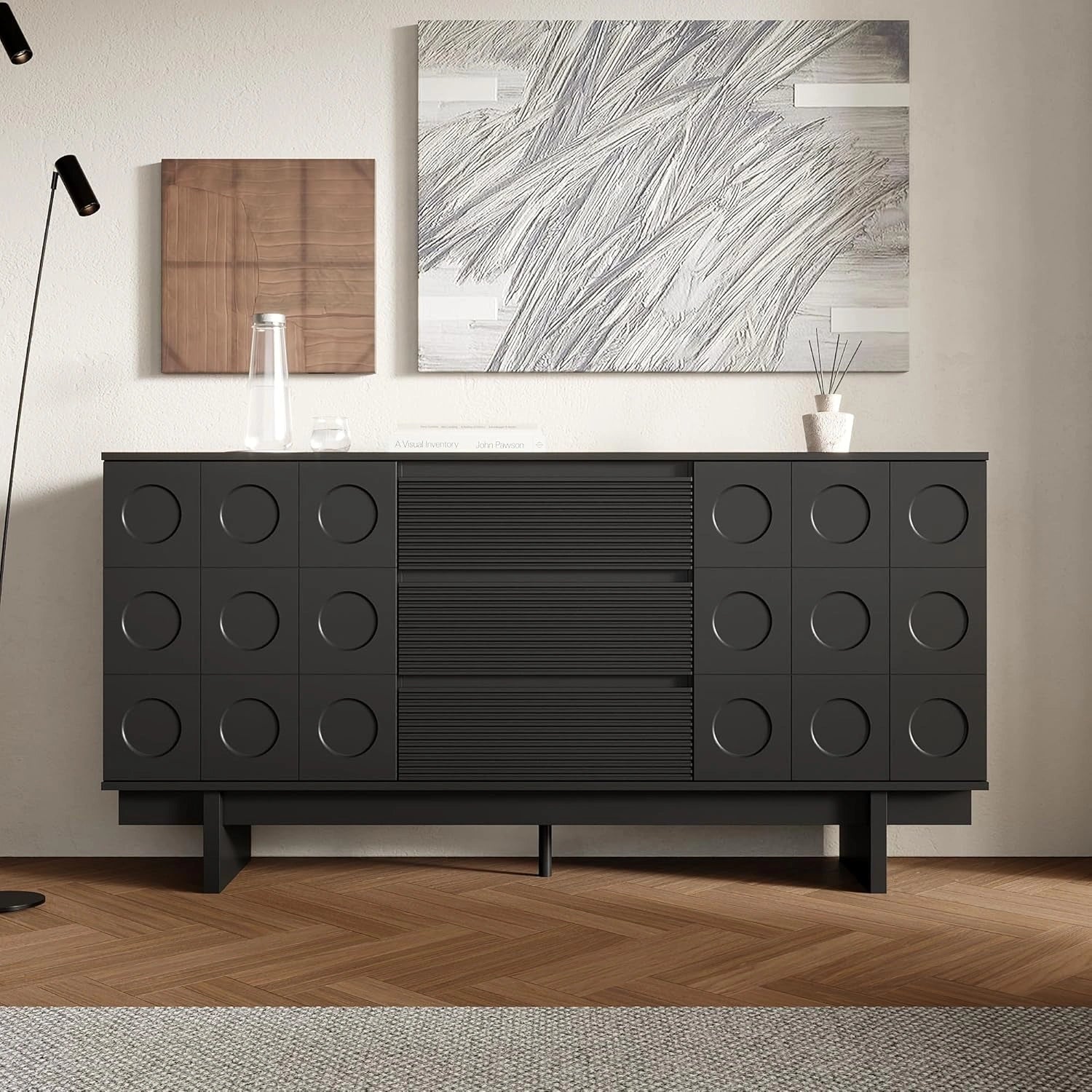 Buffet contemporain noir 160 cm - Commode 3 tiroirs 2 portes - Design moderne pour maison