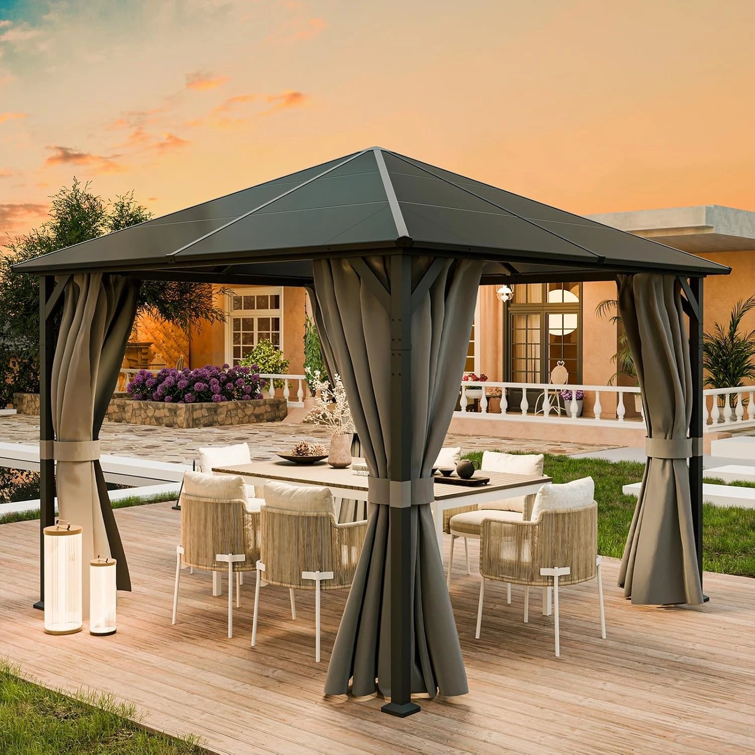 Pavillon de Jardin 3x3m Résistant à l'Eau avec Rideaux - Toit Anti-UV pour Terrasse et Extérieur (Gris)