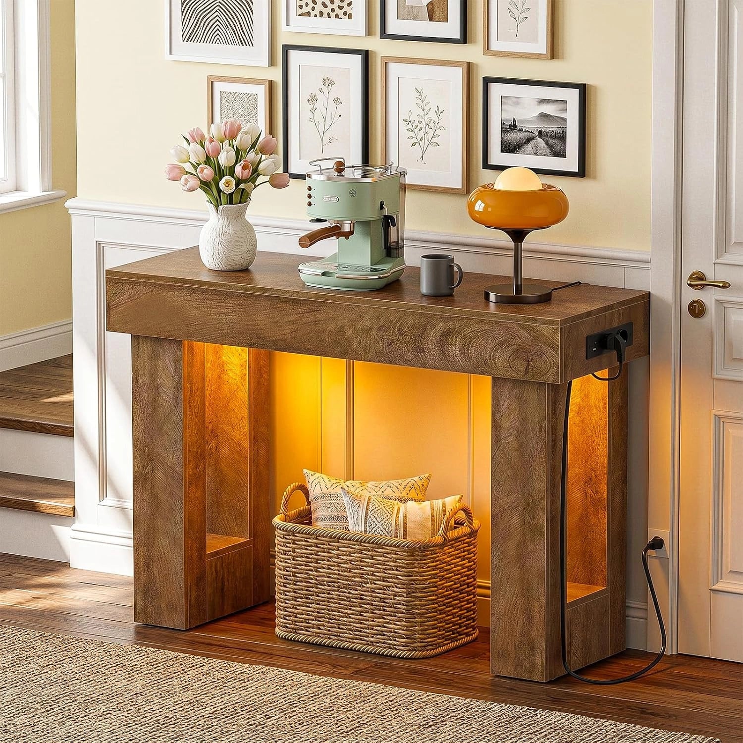 Console d'entrée en bois avec LED, USB-C et prises, effet chêne craquelé - 99 cm