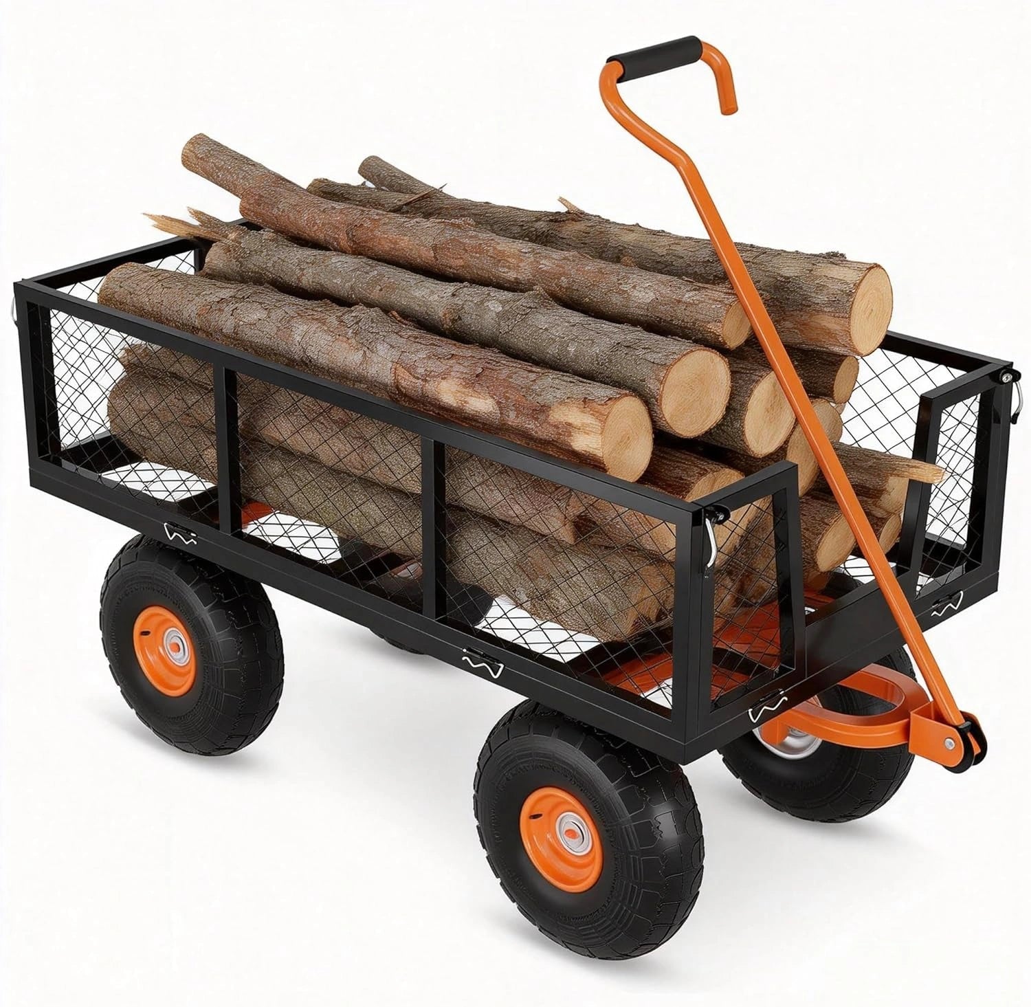 Chariot de Jardin Robuste, Côtés Détachables, Poignée Pivotante à 180° (Noir et Orange, Capacité 408 kg)