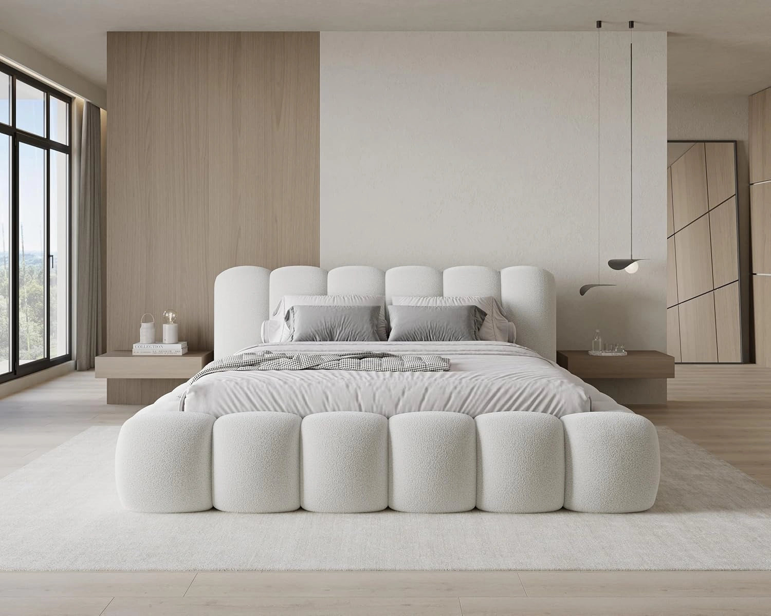 Lit Coffre 180x200 en Tissu Bouclé Blanc pour 2 Personnes