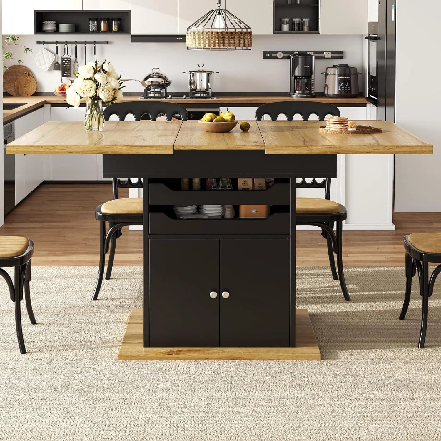 Table à Manger Extensible pour 4 à 6 Personnes, Rangement Intégré, Tiroirs Soft-Close, Design Compact, 110-140x80 cm, Noir