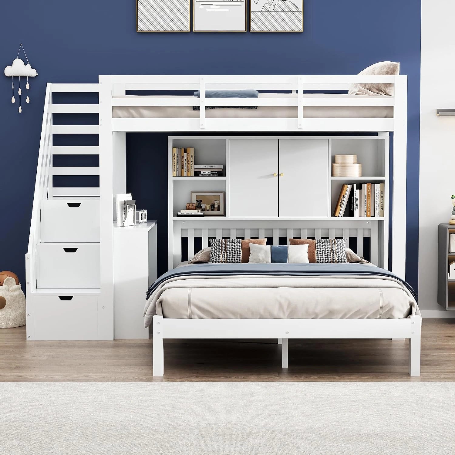Lit Mezzanine Enfant avec Étagère et Escalier - 90x200 Bois Blanc