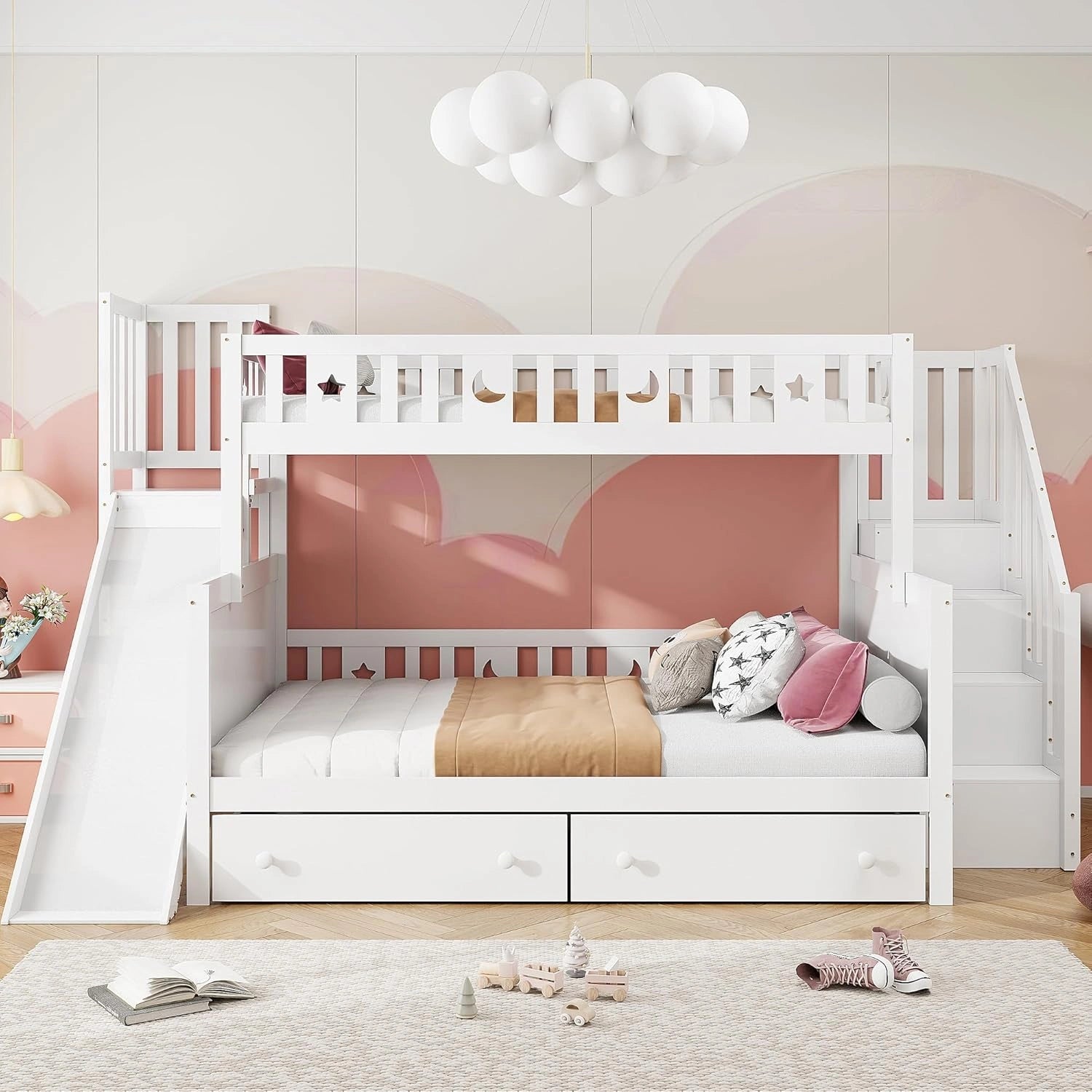 Lit Superposé Enfant en Bois Massif avec Toboggan, Échelle et Rangements - 90x200+140x200 cm - Blanc