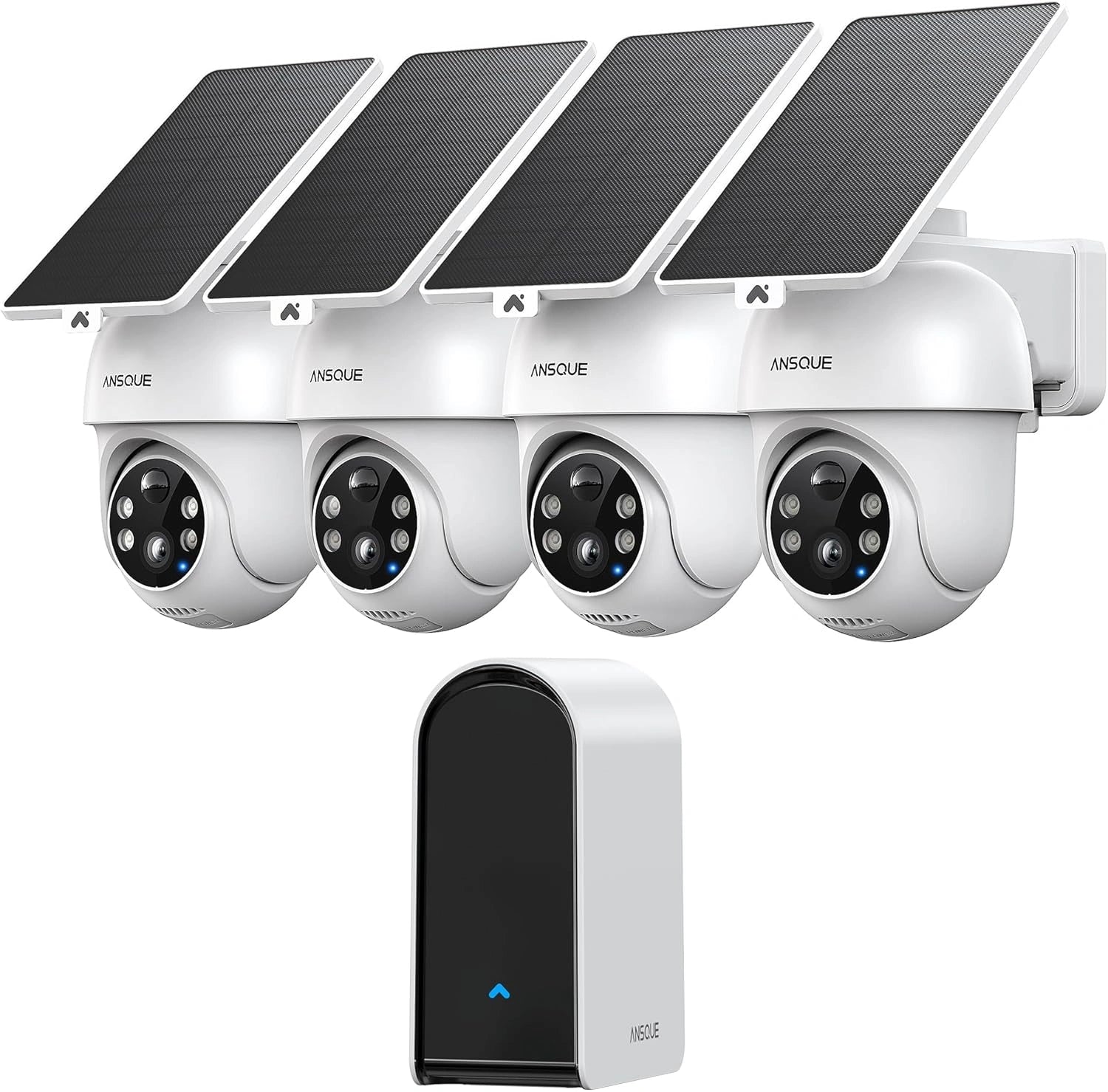 Caméra de Surveillance Extérieure 2K ANSQUE, Solaire et Sans Fil avec Batterie, Kit 4 Caméras, PTZ 360°, Vision Nocturne Couleur, Alarme Intégrée