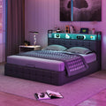 LIVLUX Lit Coffre Double 140x190 avec LED et Port USB, Sommier Hydraulique, Tissu Lin Gris