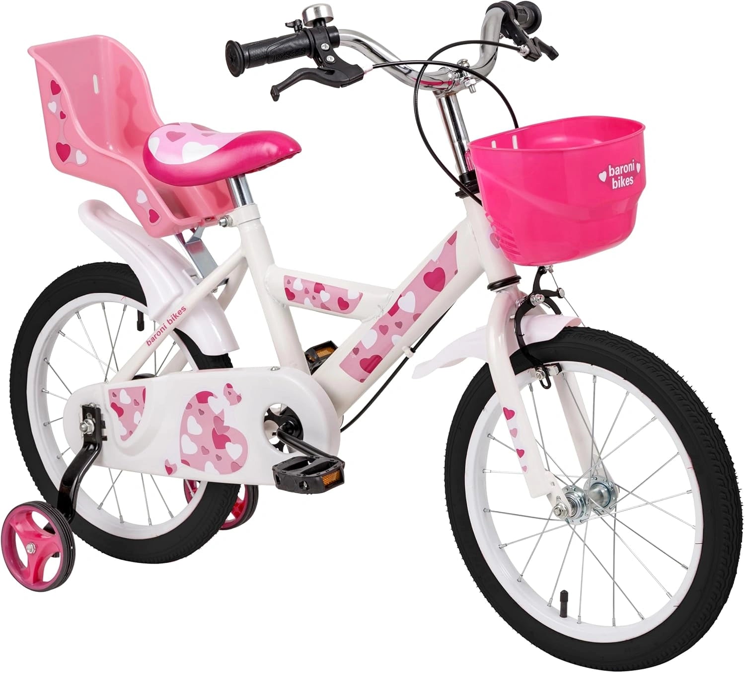 Vélo Enfant Fille Rose avec Cœurs, Panier et Porte-Bagages, Acier, Tailles 12", 14", 16"