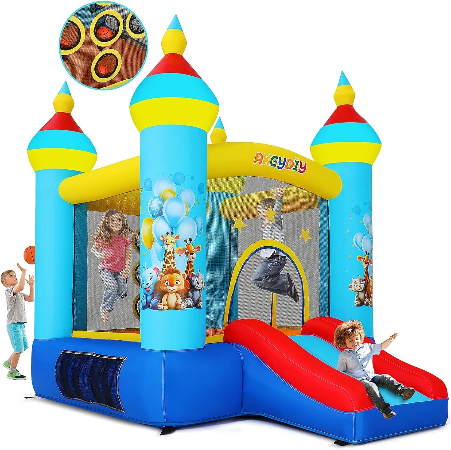 Château Gonflable Enfants avec Toboggan et Souffleur, Parc Animalier, Utilisation Intérieure et Extérieure, Inclut Tir de Balles, Couleur Bleu