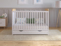 Lit Bébé Évolutif avec Matelas et Tiroir en Bois Blanc 120x60 cm