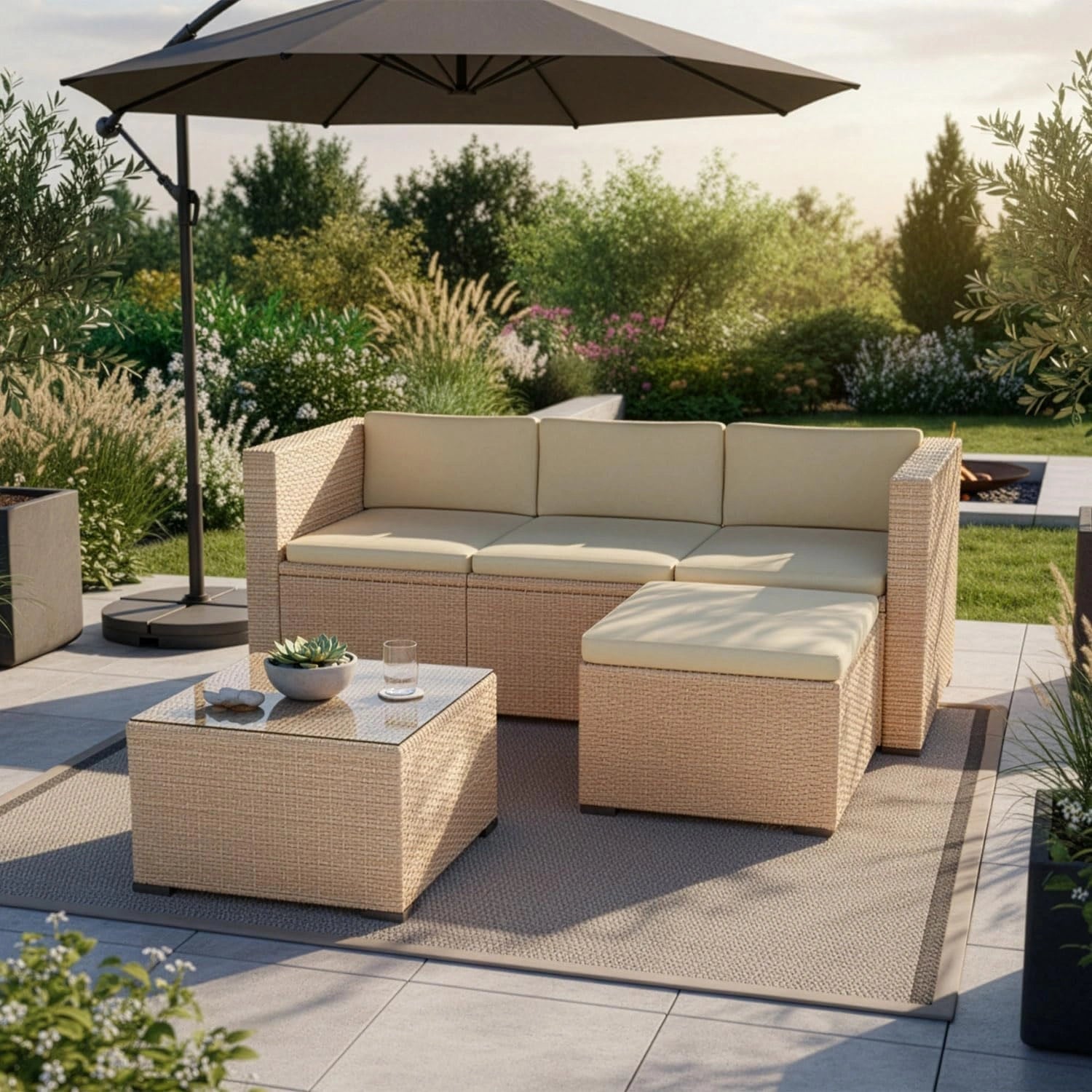 Ensemble de Jardin en Résine Tressée, Punta Cana M - Canapé, Tabouret, Table & Coussins - Résistant aux Intempéries - Pour 3 à 4 Personnes - Crème/Sable