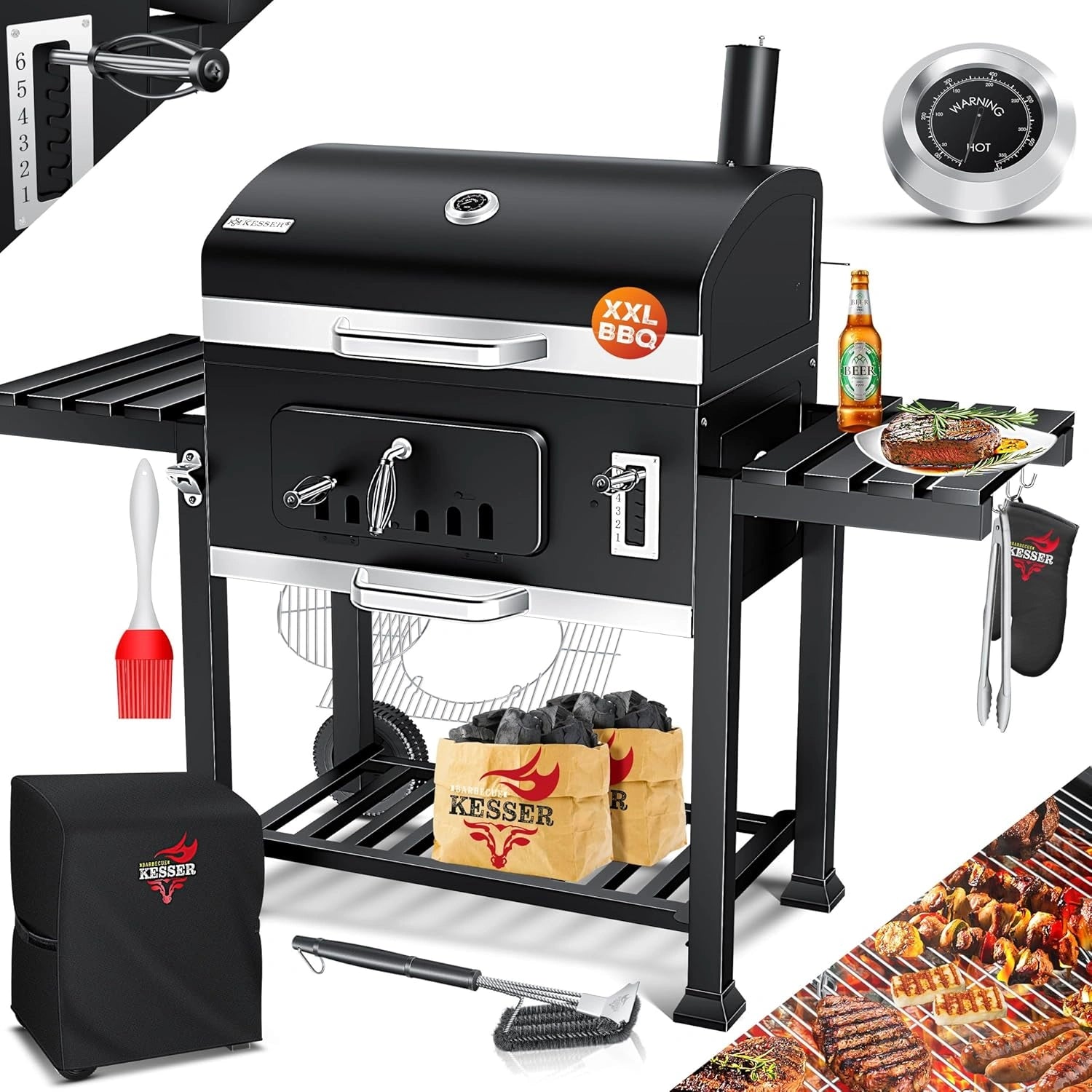 Barbecue XXL au charbon avec couvercle et accessoires, thermomètre intégré