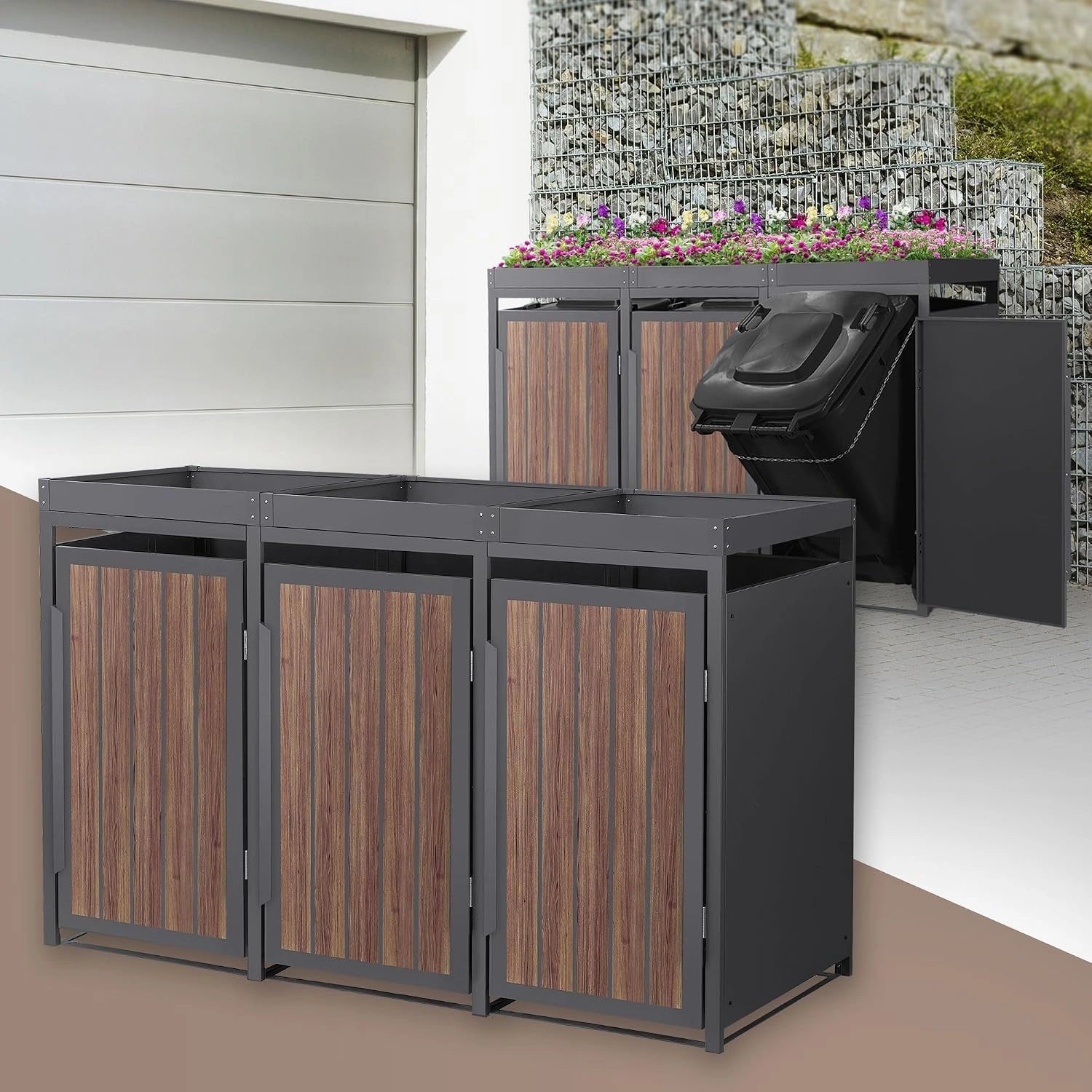 Cache-poubelles Triplé en Acier Anthracite 240L, Design Bois, Toit Végétalisé