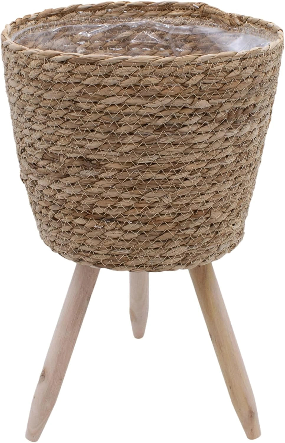 Porte-plantes en rotin avec film intérieur - Pot décoratif avec pieds en bois - 35 x 23 cm